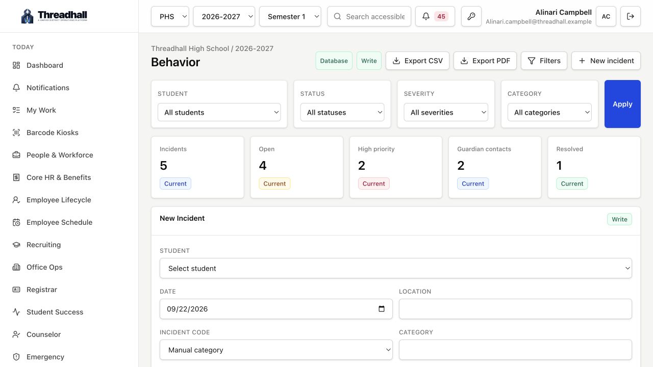 Student services related Threadhall interface